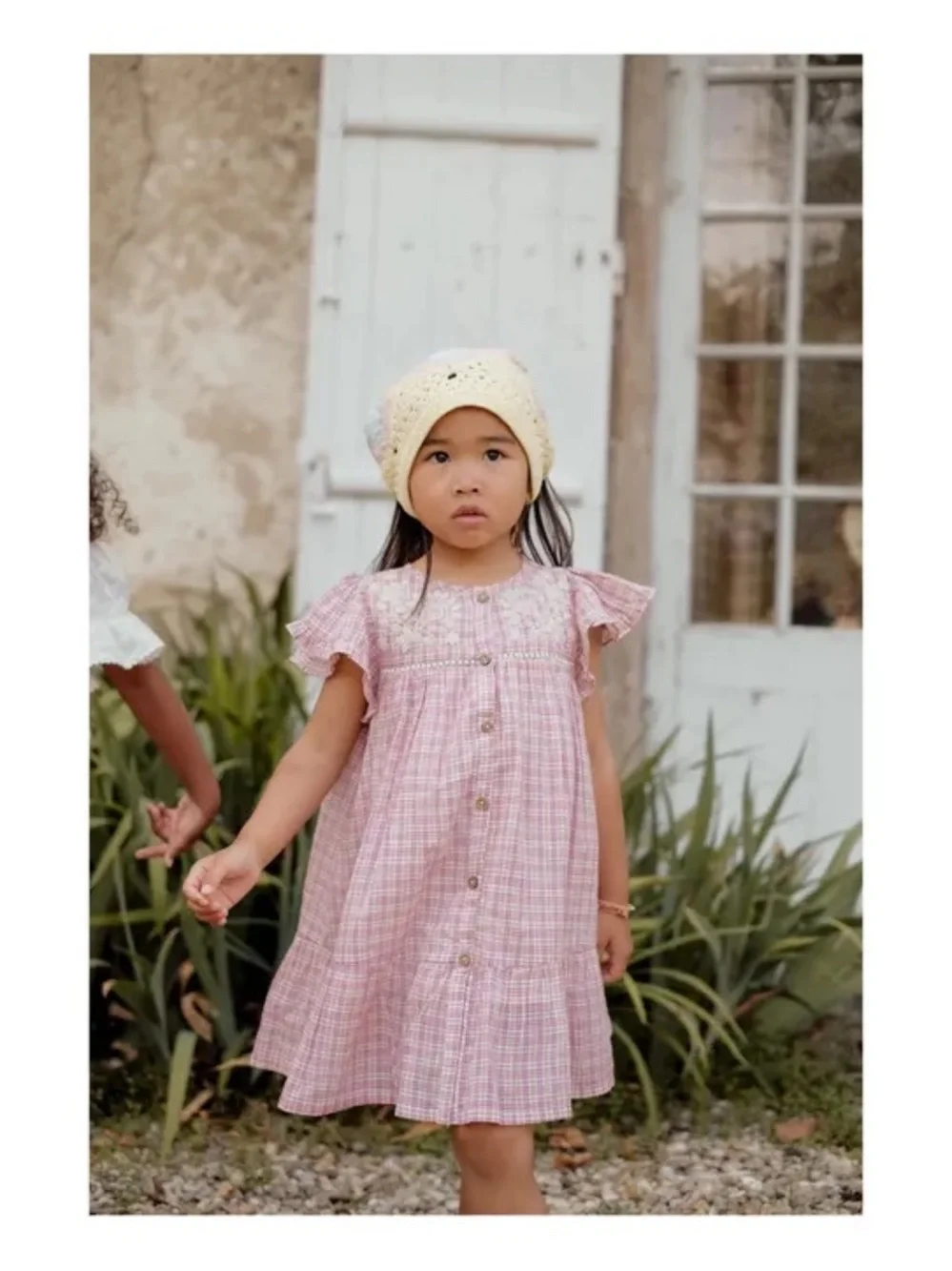 Girls' Pink Plaid Nightgown with Lace Yoke